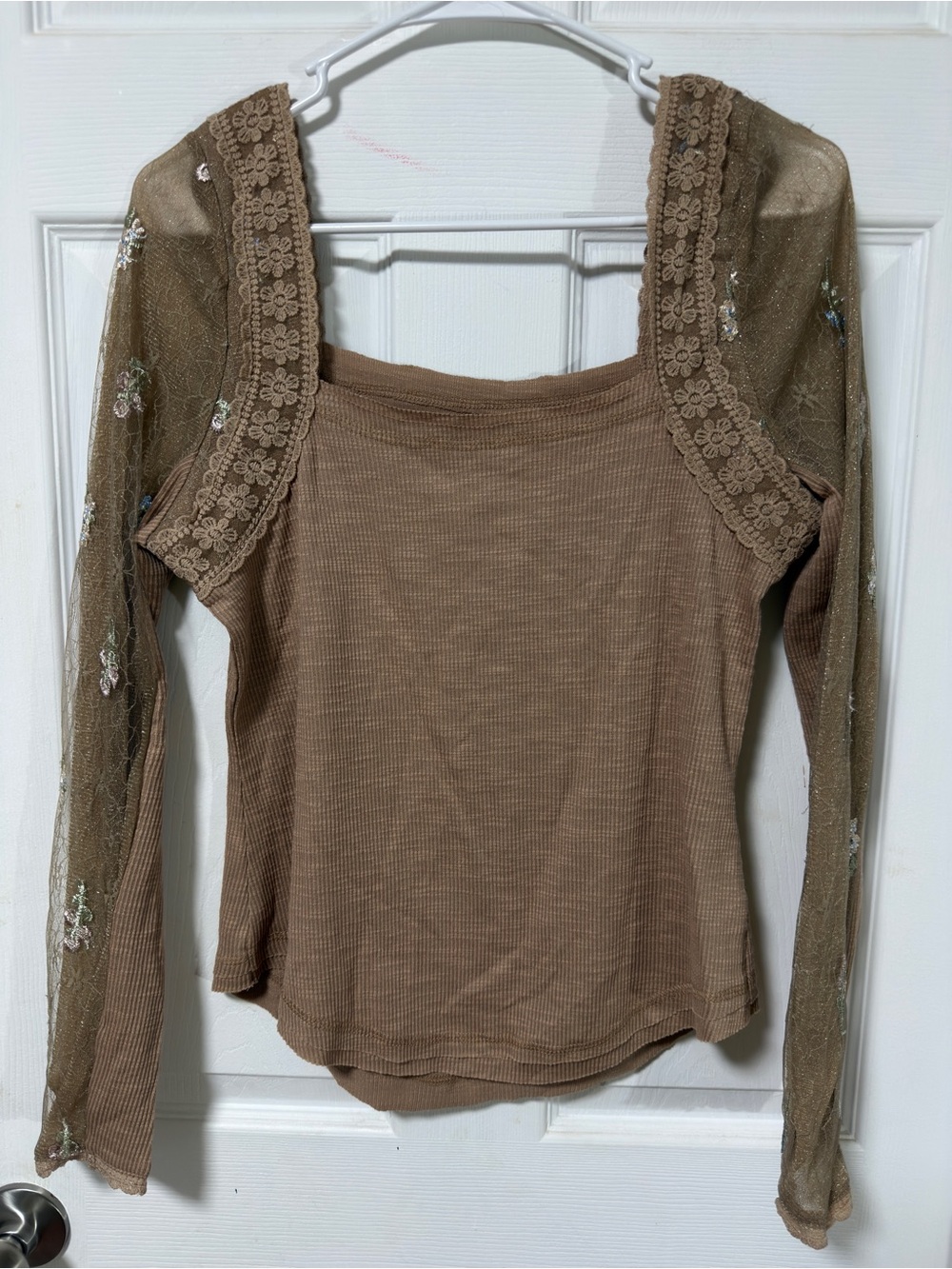Boutique Brown Lace-Accent Square Neck Women's Top